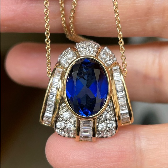 Vintage Jewelry - Kashmir sapphire cz gold plated solid sterling silver pendant & gold tone chain